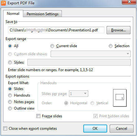 Скриншот окна Export to PDF в WPS Presentation