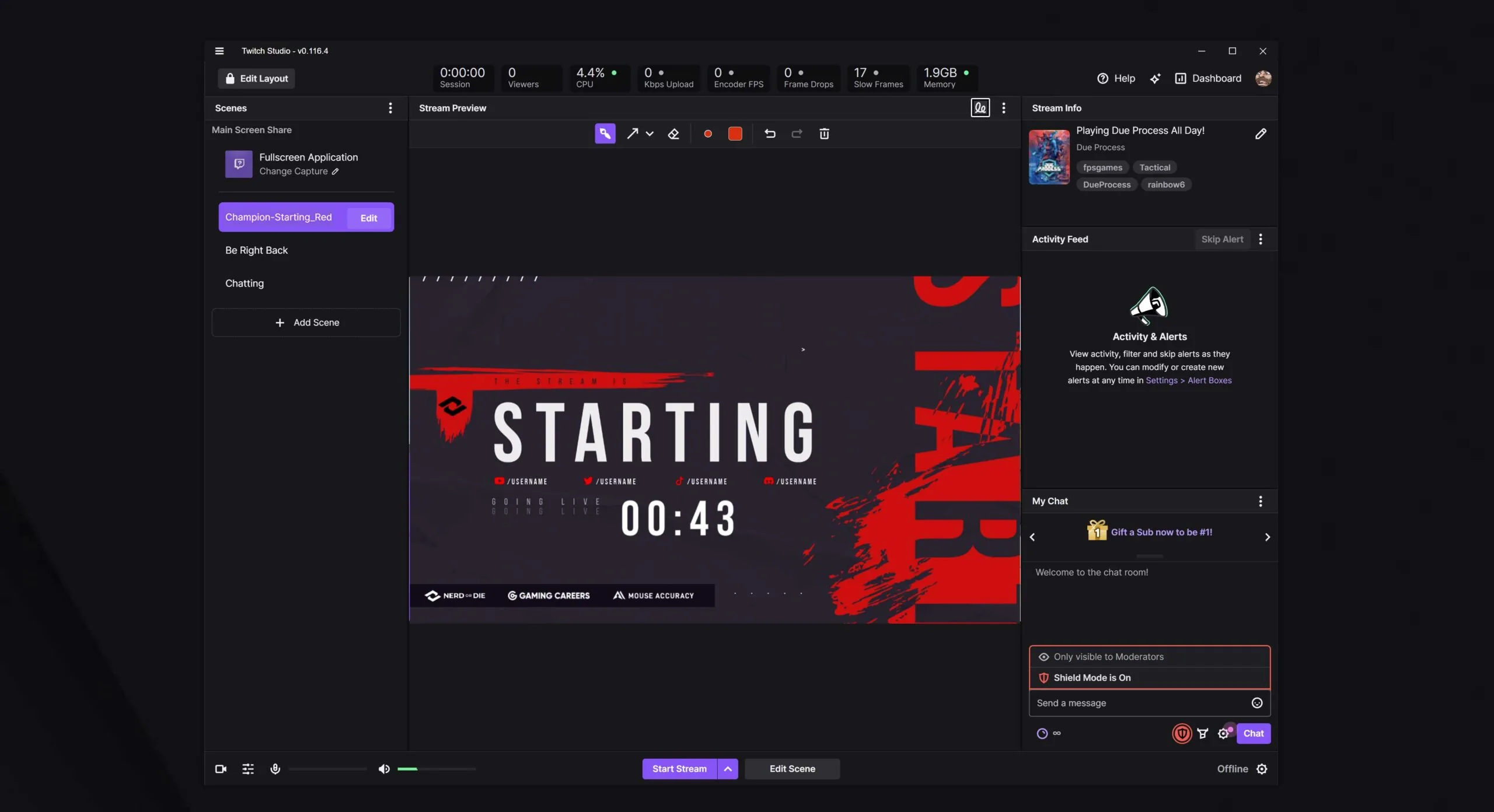 Основное окно Twitch Studio: сцены, Stream Preview, Stream Info, Activity Feed и My Chat