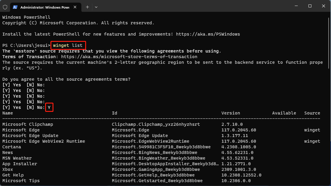 Список приложений в winget