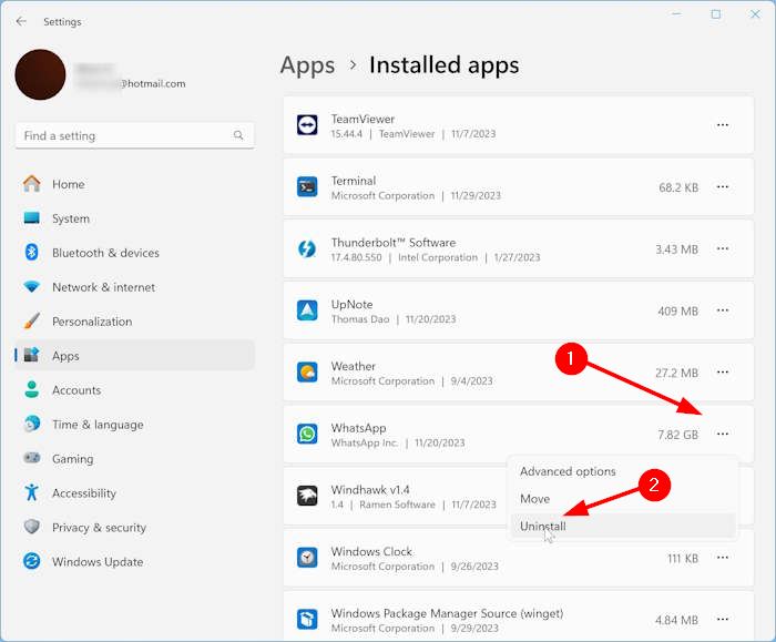 WhatsApp в списке установленных приложений Windows 11