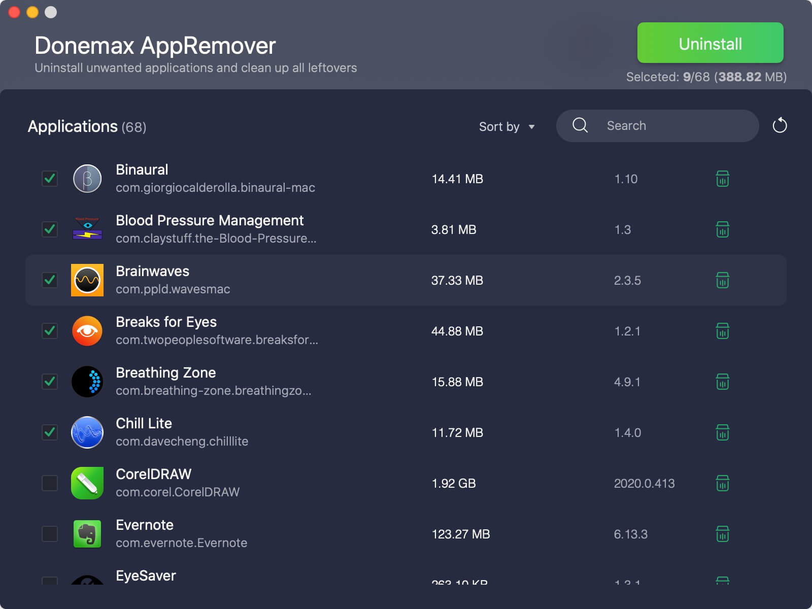 Donemax AppRemover for Mac со списком приложений