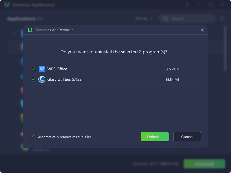 Окно подтверждения удаления в Donemax AppRemover