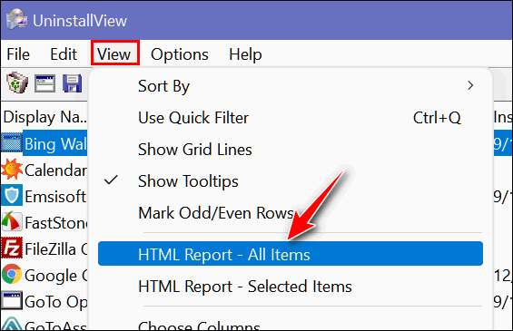 Меню View и создание HTML-отчёта в UninstallView