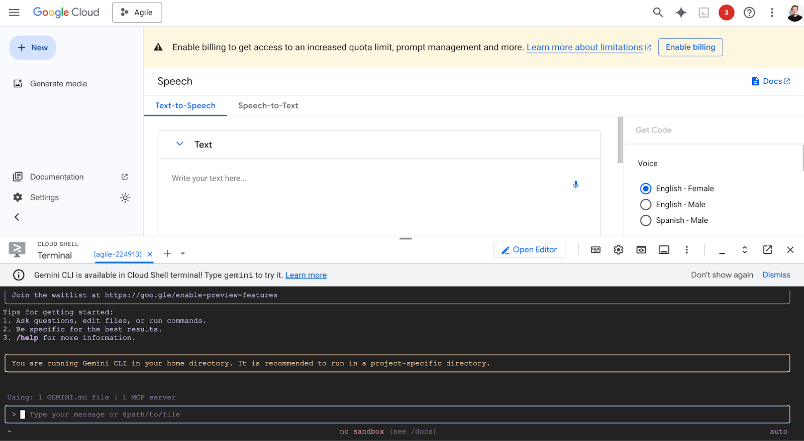 Скриншот интерфейса Google Cloud Text-to-Speech