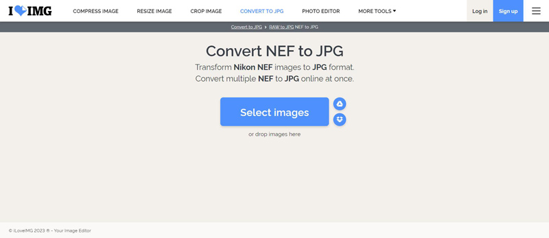 iLoveIMG — загрузка NEF на страницу конвертации
