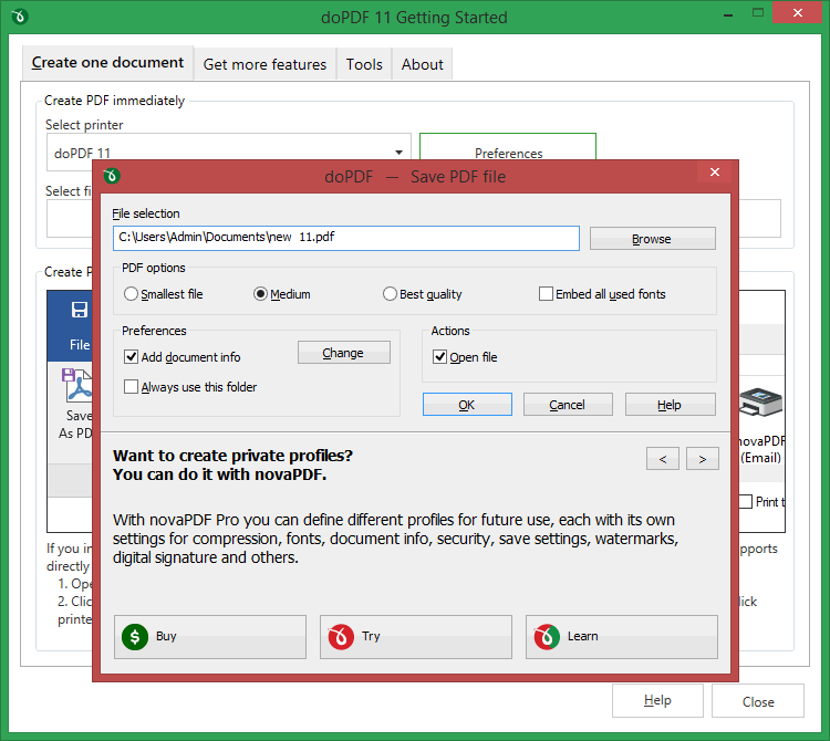 Окно Save PDF file в doPDF