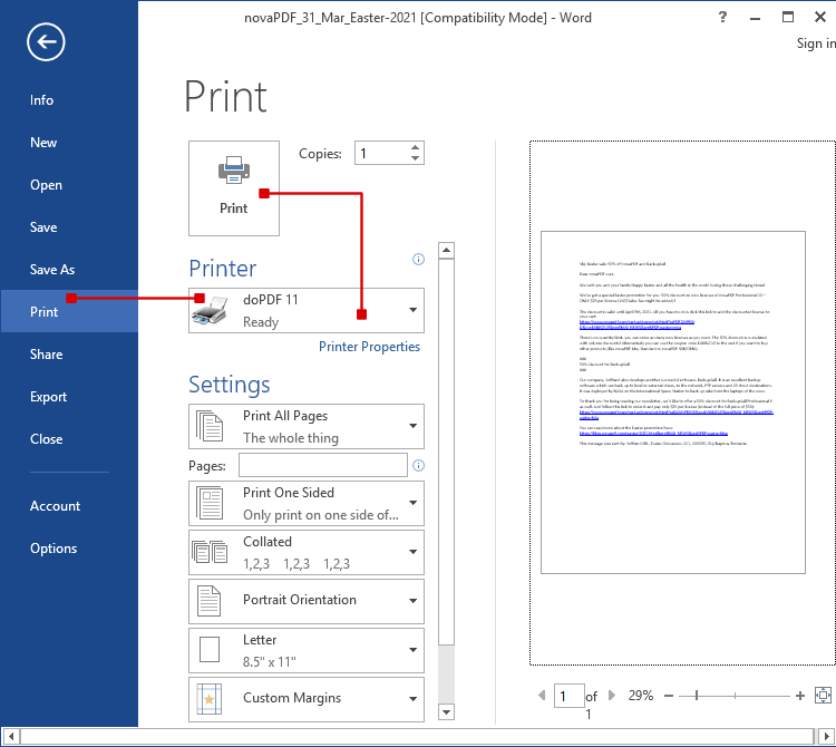 Выбор doPDF в окне печати Word