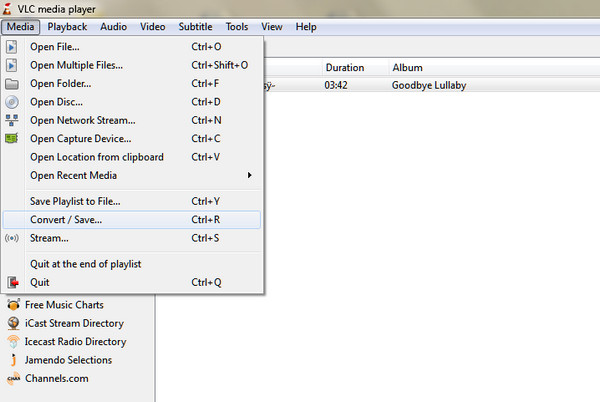 Окно конвертации VLC media player