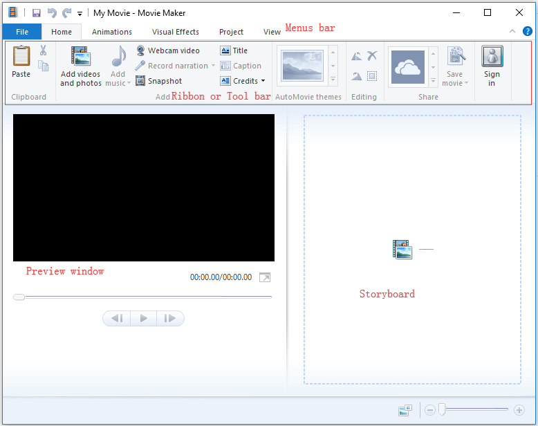 Главное окно Windows Live Movie Maker 2012: вкладки, лента и область раскадровки
