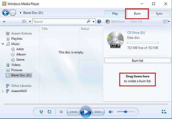 Окно Windows Media Player со вкладкой Burn и пустым списком записи