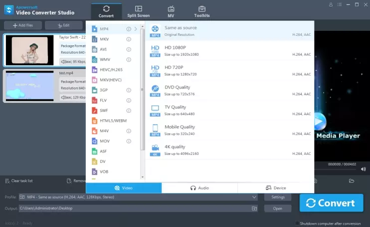 Выбор профиля вывода в Apowersoft Video Converter Studio