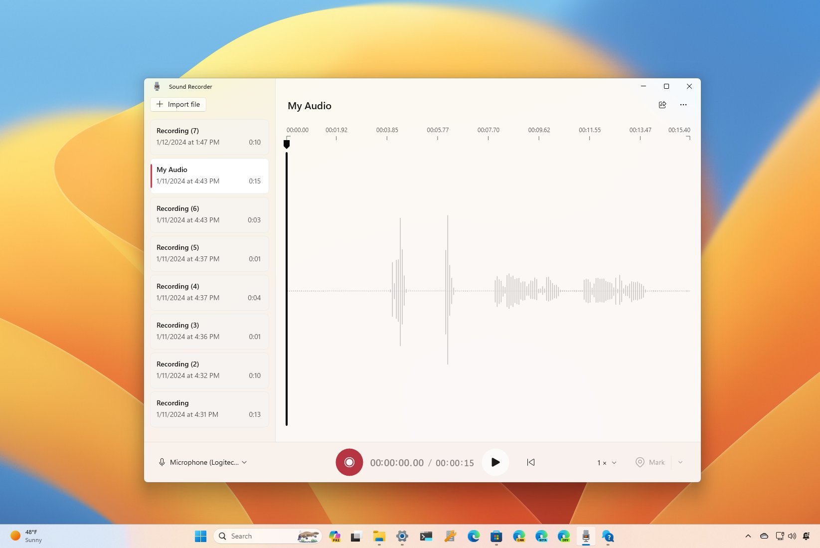 Скриншот приложения Sound Recorder в Windows 11