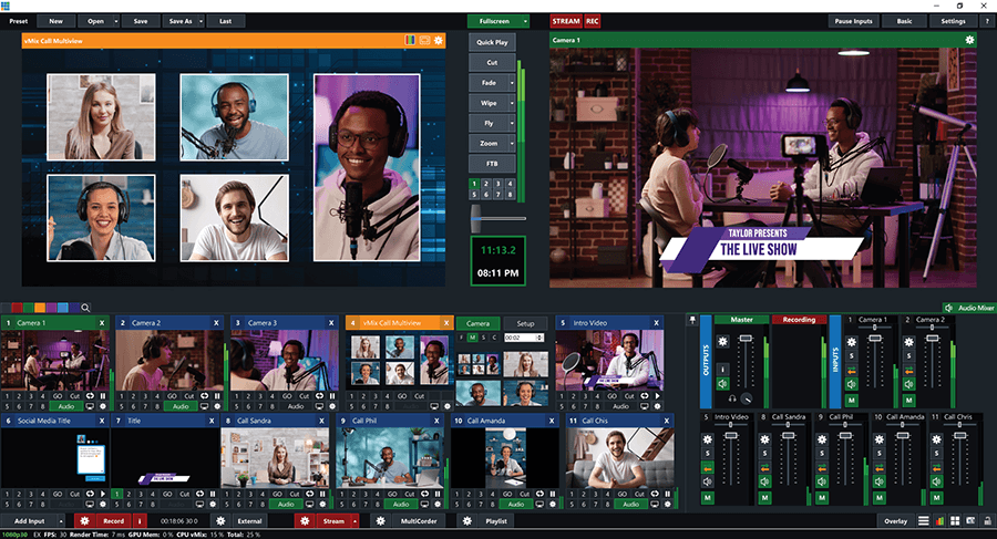 Интерфейс vMix с многокамерной раскладкой, удаленными гостями и Audio Mixer