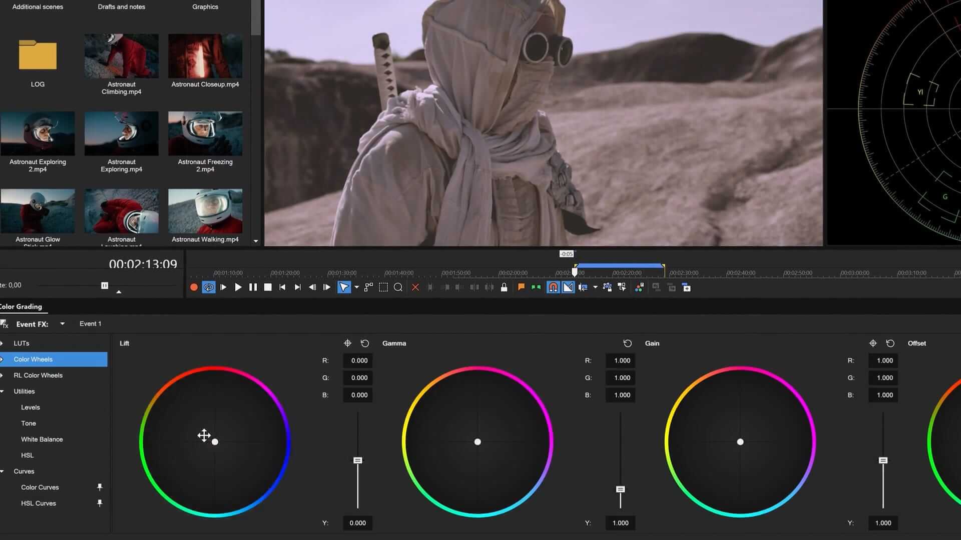 Интерфейс цветокоррекции с цветовыми колёсами (Color Wheels) в VEGAS Pro
