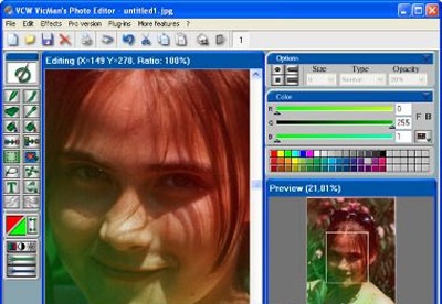 VCW VicMan’s Photo Editor: главное окно с фотографией, панелью инструментов, блоками Options, Color и Preview