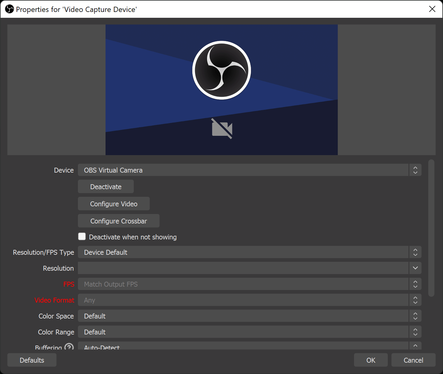 Окно Video Capture Device в OBS Studio
