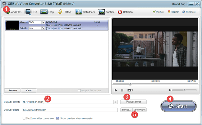 Классическое рабочее окно Gilisoft Video Converter с кнопками Add Files, Output Settings и Start