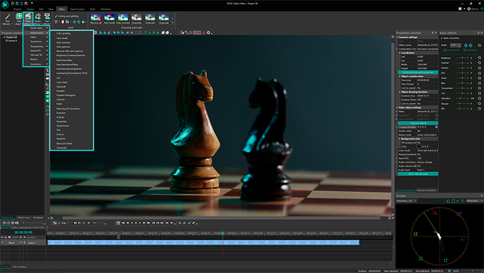 Эффекты и таймлайн в VSDC Free Video Editor