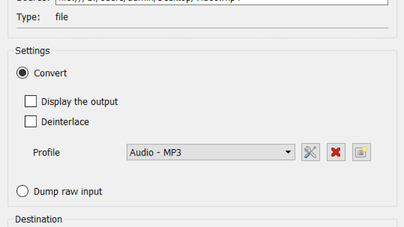 Окно конвертации аудио в VLC