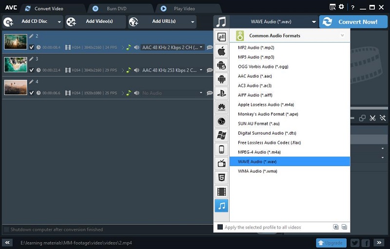 Выбор WAV в Any Video Converter