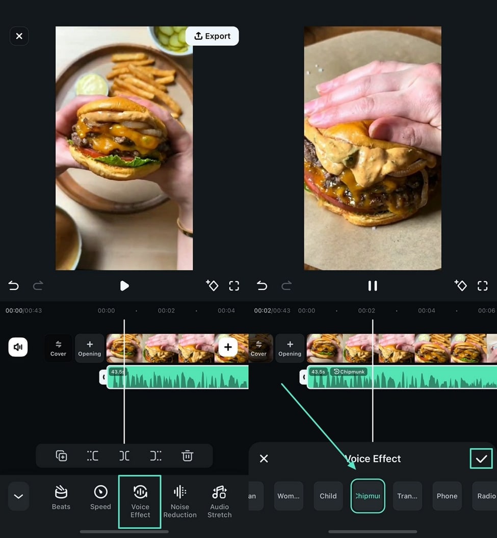 Filmora для iPhone: выбор голосового эффекта
