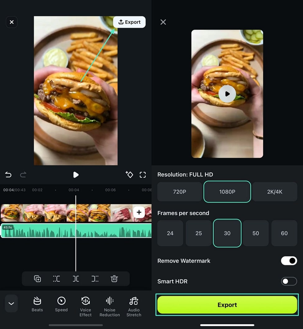 Filmora для iPhone: экспорт итогового видео