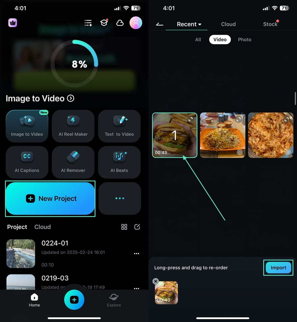 Filmora для телефона: импорт видео