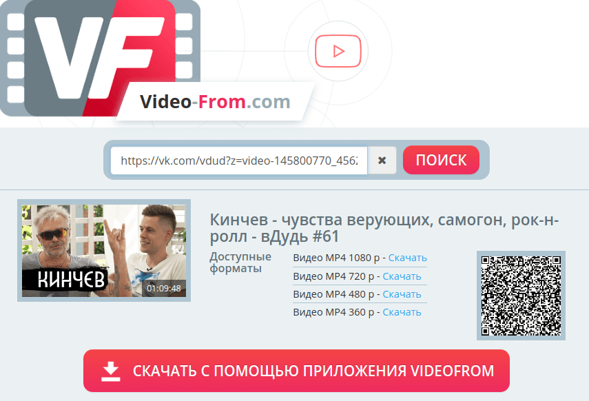 Веб-страница VideoFrom со ссылкой, карточкой ролика и перечнем доступных форматов
