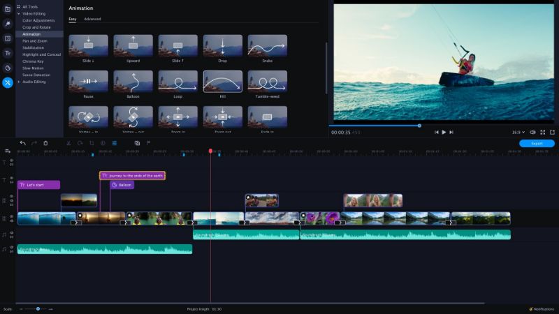 Интерфейс Movavi Video Editor с таймлайном и медиатекой
