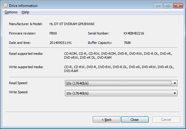 Информация о приводе в AnyBurn