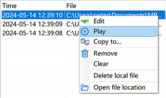 Контекстное меню файла в истории записей