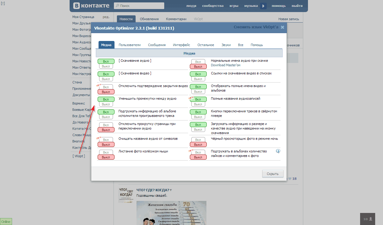 Окно настроек VkOpt