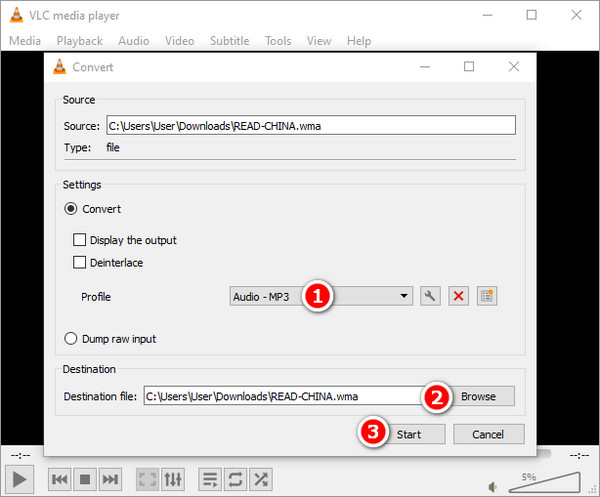 VLC Media Player: профиль Audio - MP3 и кнопка Start