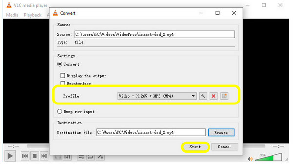 VLC Media Player: конвертация файла H.264