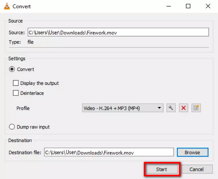 Старт конвертации WAV в MP4 через VLC