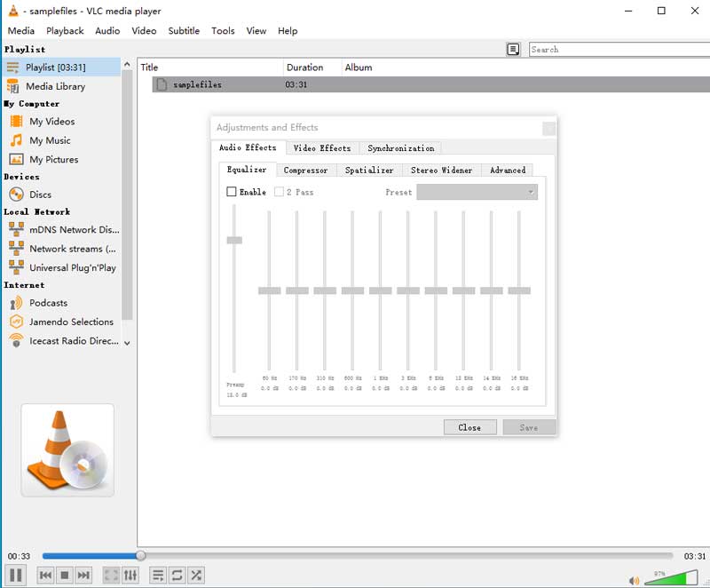 Интерфейс VLC Media Player при работе с медиатекой и аудиофайлами