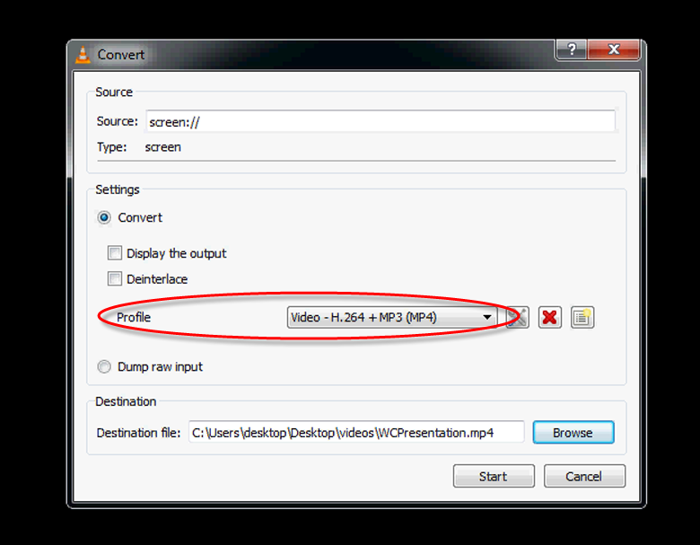 Окно конвертации VLC