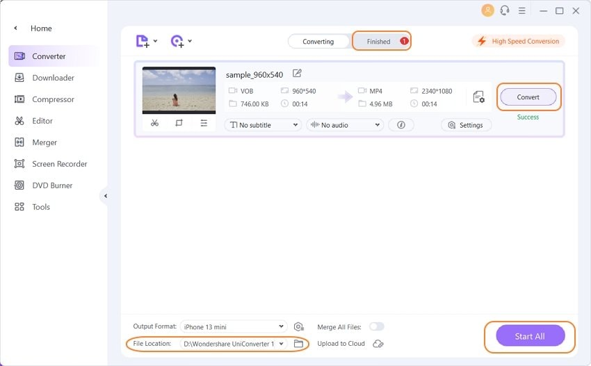 Старт конвертации в Wondershare UniConverter