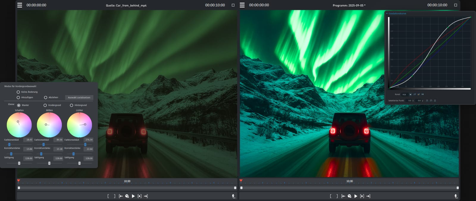 Цветокоррекция в MAGIX Video Pro X: сравнение изображения, цветовые круги и кривая