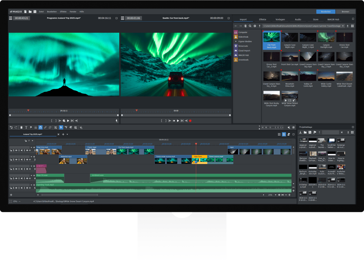 Основной интерфейс MAGIX Video Pro X с Program Monitor, Source Monitor, Media Pool и многодорожечным таймлайном