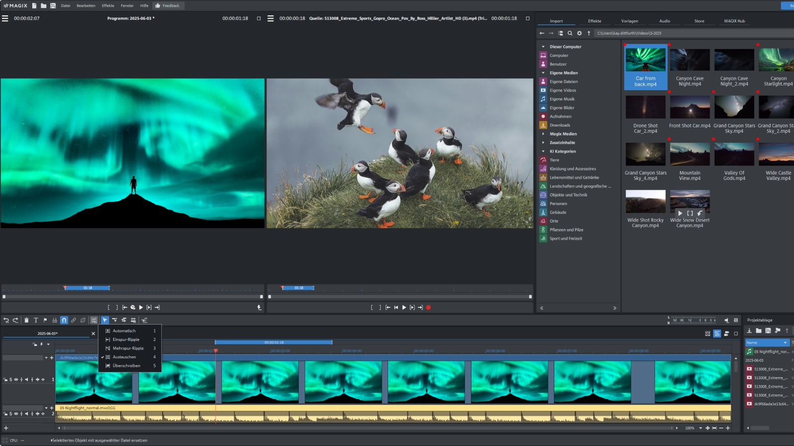 Source and preview window в MAGIX Video Pro X: два окна просмотра, медиапул и таймлайн