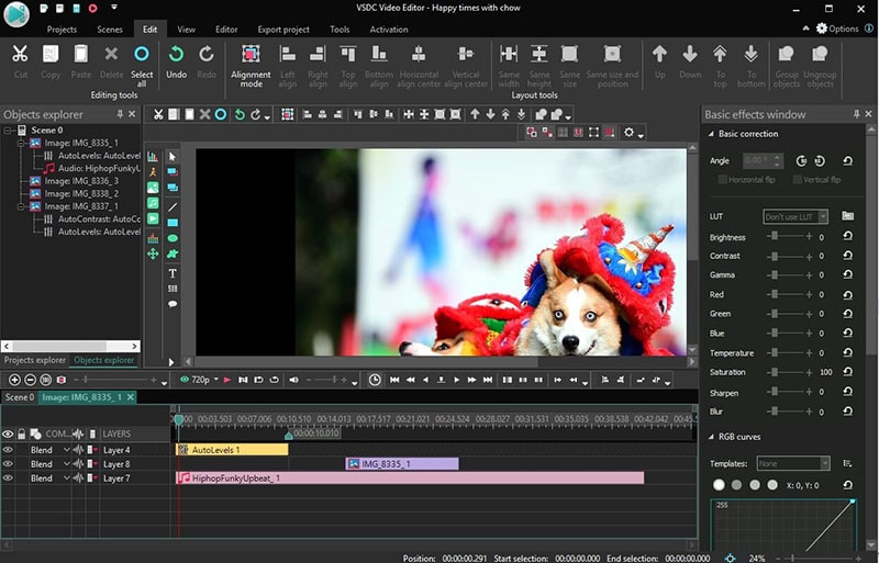 Интерфейс VSDC Free Video Editor с объектами, таймлайном и панелью эффектов
