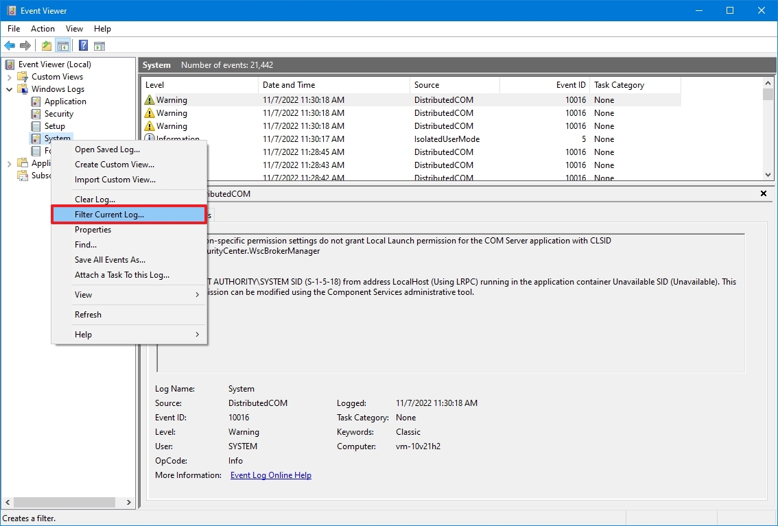 Фильтрация журнала в Просмотре событий