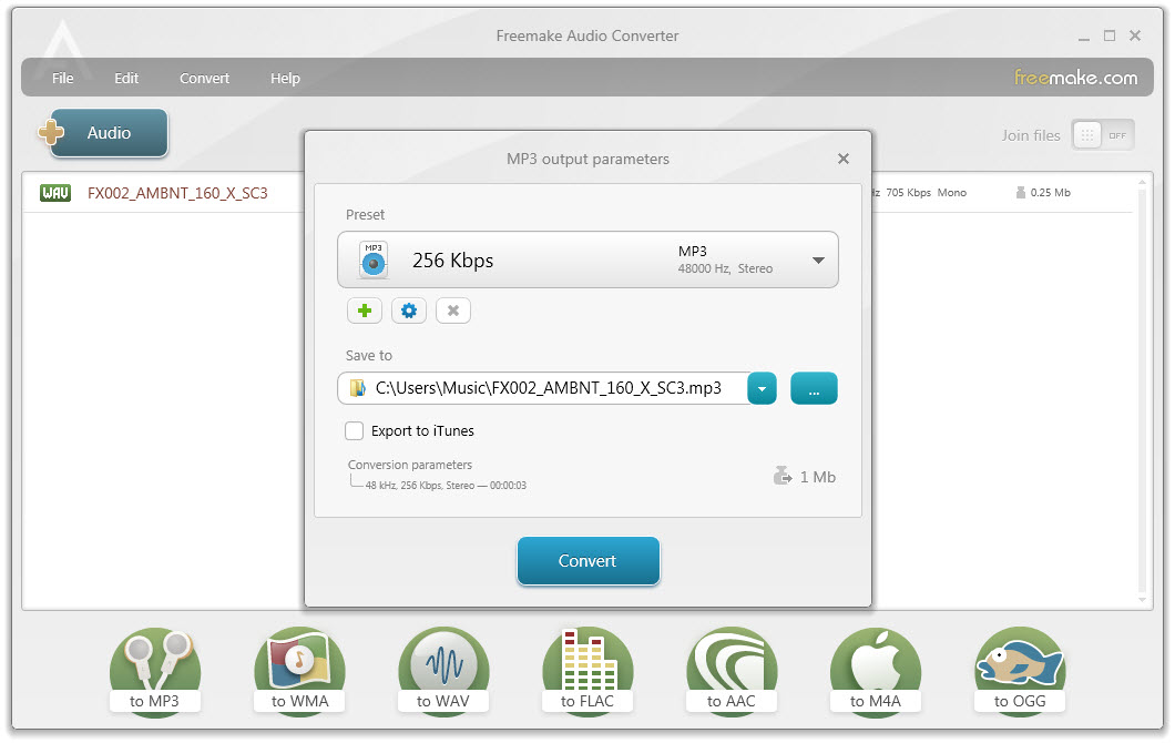 Окно выходных параметров MP3 в Freemake Audio Converter: Save to, Export to iTunes и кнопка Convert