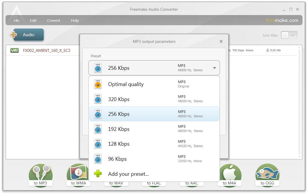Выбор пресета качества в Freemake Audio Converter: Optimal quality, 320 Kbps, 256 Kbps и другие