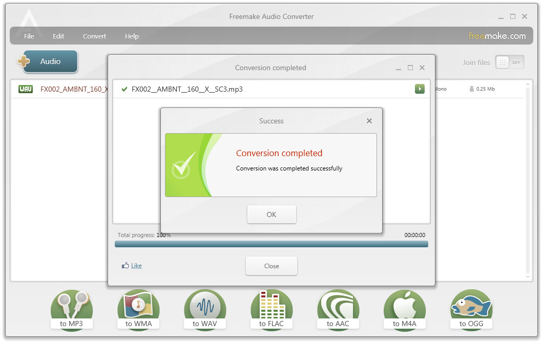 Завершение конвертации в Freemake Audio Converter