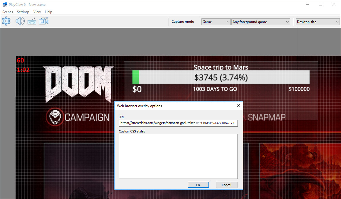 Browser overlay со Streamlabs-виджетом в PlayClaw