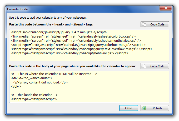 Окно Calendar Code в CoffeeCup Web Calendar