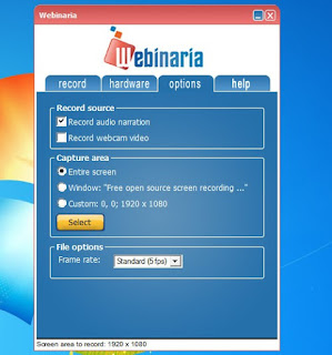Вкладка options в Webinaria: Record source, Capture area и Frame rate