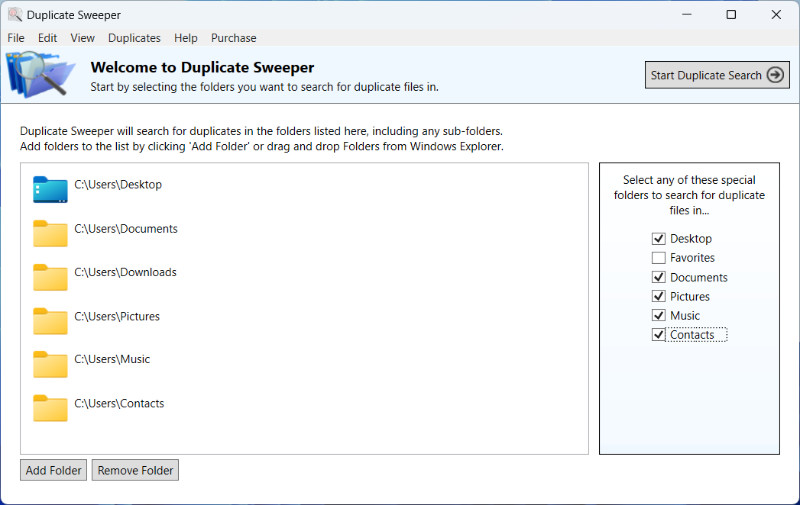 Экран выбора папок в Duplicate Sweeper